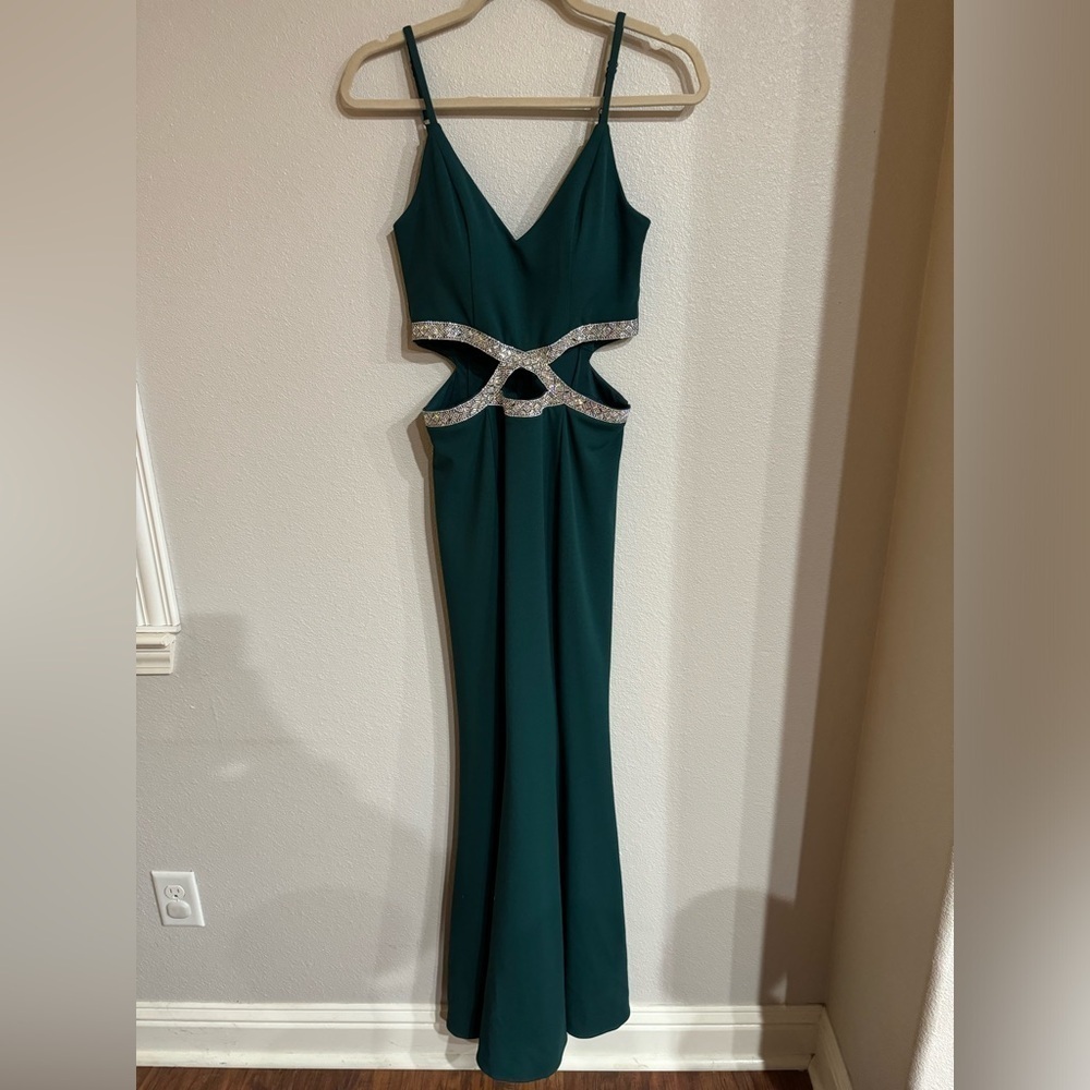 Rhinestone waist green gown junior trim‎ cutout mermaid gown bridesmaid dress